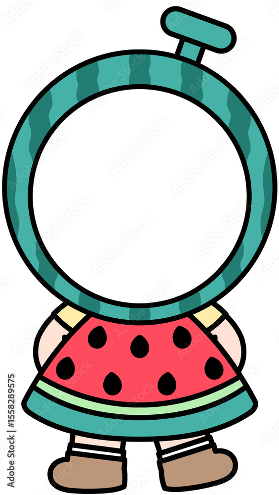 Obraz premium 여름 수박 가면을 쓴 어린이 수박모자를 쓴 어린이 수박얼굴합성도안 여름얼굴합성도안 인간수박 유치원 어린이집 여름환경구성 일러스트