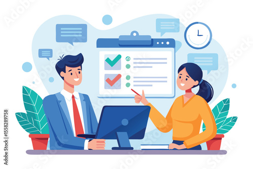 Consultant discusses project tasks with client in modern office setting during daytime workflow for effective collaboration
