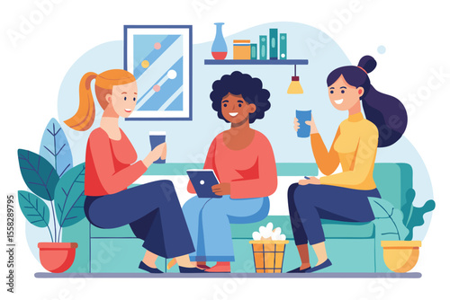 Women chatting and enjoying beverages together in a cozy living room setting with plants and books on a sunny afternoon