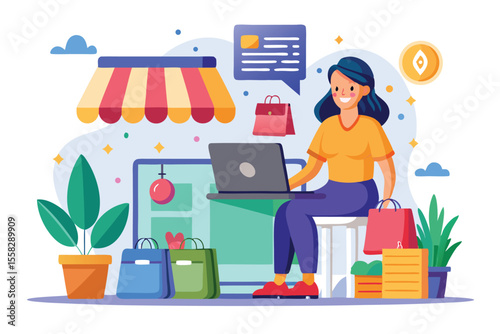 Woman shopping online using a laptop amid colorful bags and greenery in a cheerful digital environment during a sunny day