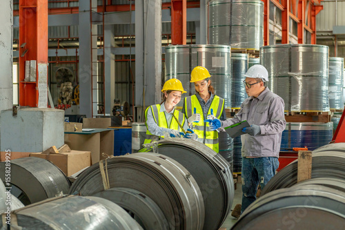 Industrial workers in protective helmets and safety vests discussing construction plans in a manufactu factory surrounded by large metal components and machinery