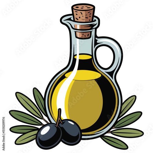 Glass Bottle of Olive Oil with Olives and Branch