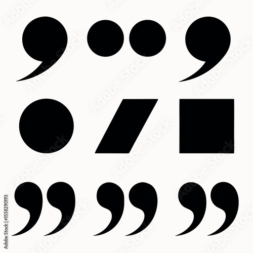 Vector punctuation marks: commas, ellipses, quotes, and shapes.