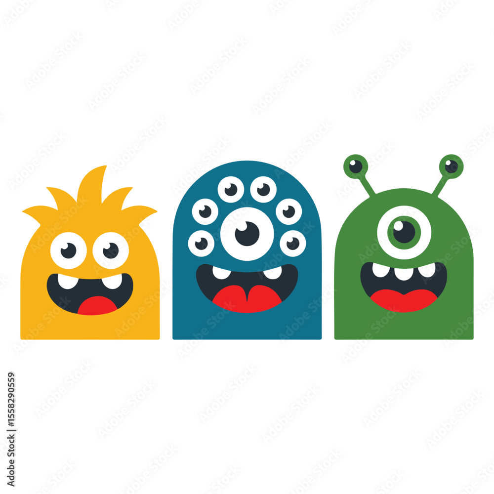 Fototapeta premium Three Cartoon Monsters in Yellow Blue and Green with Big Eyes