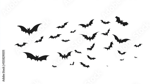Black silhouette of bats isolated on transparent background. Halloween traditional design element.