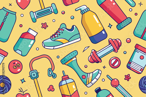 Colorful fitness seamless pattern showcasing workout equipment, accessories, and health-related items ideal for promoting an active lifestyle