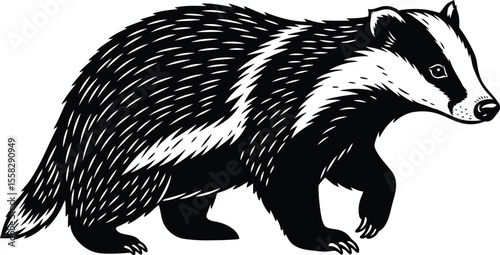 A black and white illustration of a badger walking to the right side