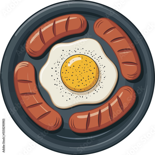 Fried Eggs and Sausages in a Pan