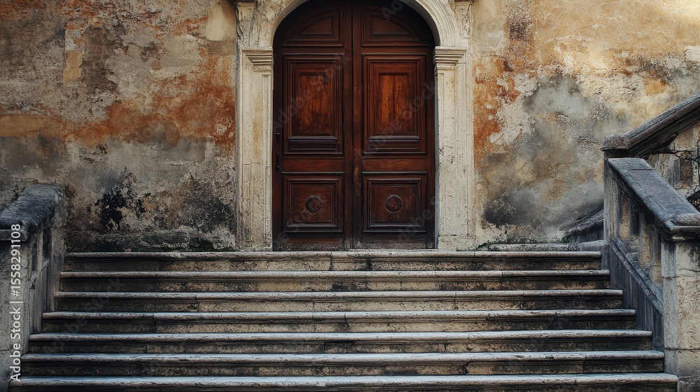 Fototapeta premium Majestic Church Entrance: Elegant Doors Framed by Inviting Steps Leading to Spiritual Reflection