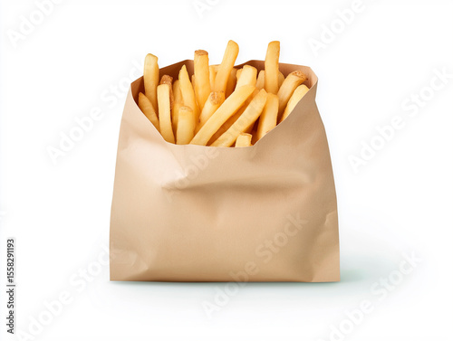Golden crispy french fries in a paper bag, a classic fast food staple, isolated on white.