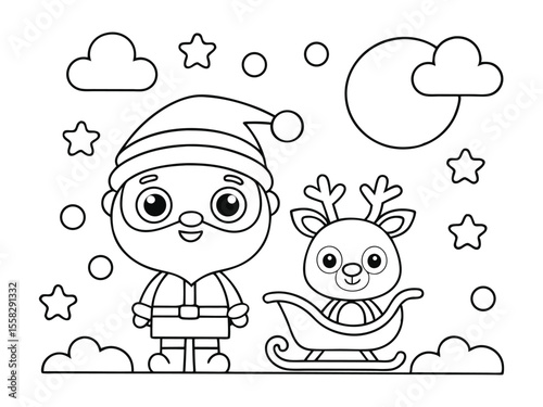 Santa Claus' sleigh and reindeer are easy coloring pages. Santa Claus in a sleigh with snowflakes coloring page for kids and adults