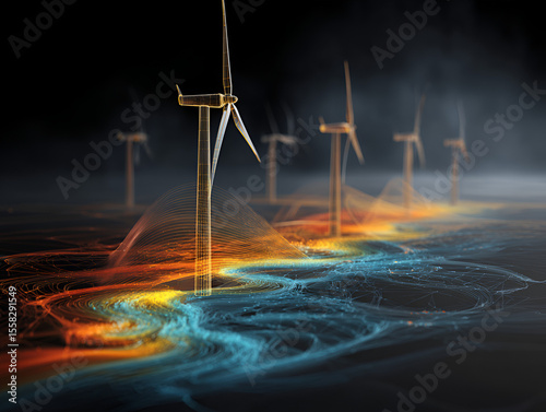 Wind Turbine Digital Visualization Showcasing Energy Flow and Renewable Power