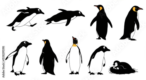  set of black and yellow penguin silhouettes 