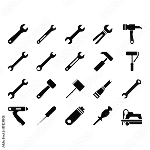 Black Tools Icons on White Background wrench hammer