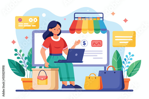 Woman shopping online with a laptop in a vibrant store setting surrounded by colorful shopping bags and plants