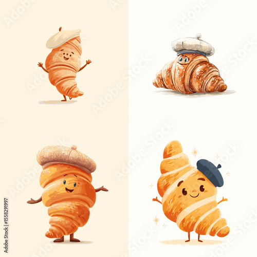 Cute croissant characters wearing berets and showing playful expressions, ideal for bakery branding, French-themed products, or kawaii-style food illustrations.

