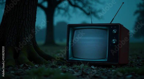 old television sitting grass next tree roots visible left side background blurred giving image dr