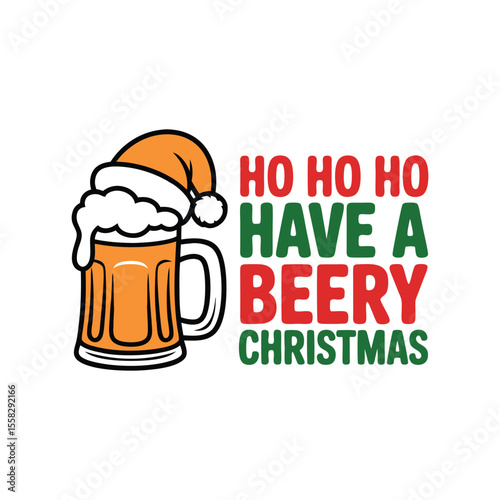 T-shirt design, Ho Ho Ho Have a Beery Christmas with Santa Hat Beer Mug.