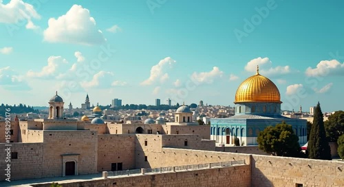 dome rock old city jerusalem surrounded buildings trees wall sky background filled white f