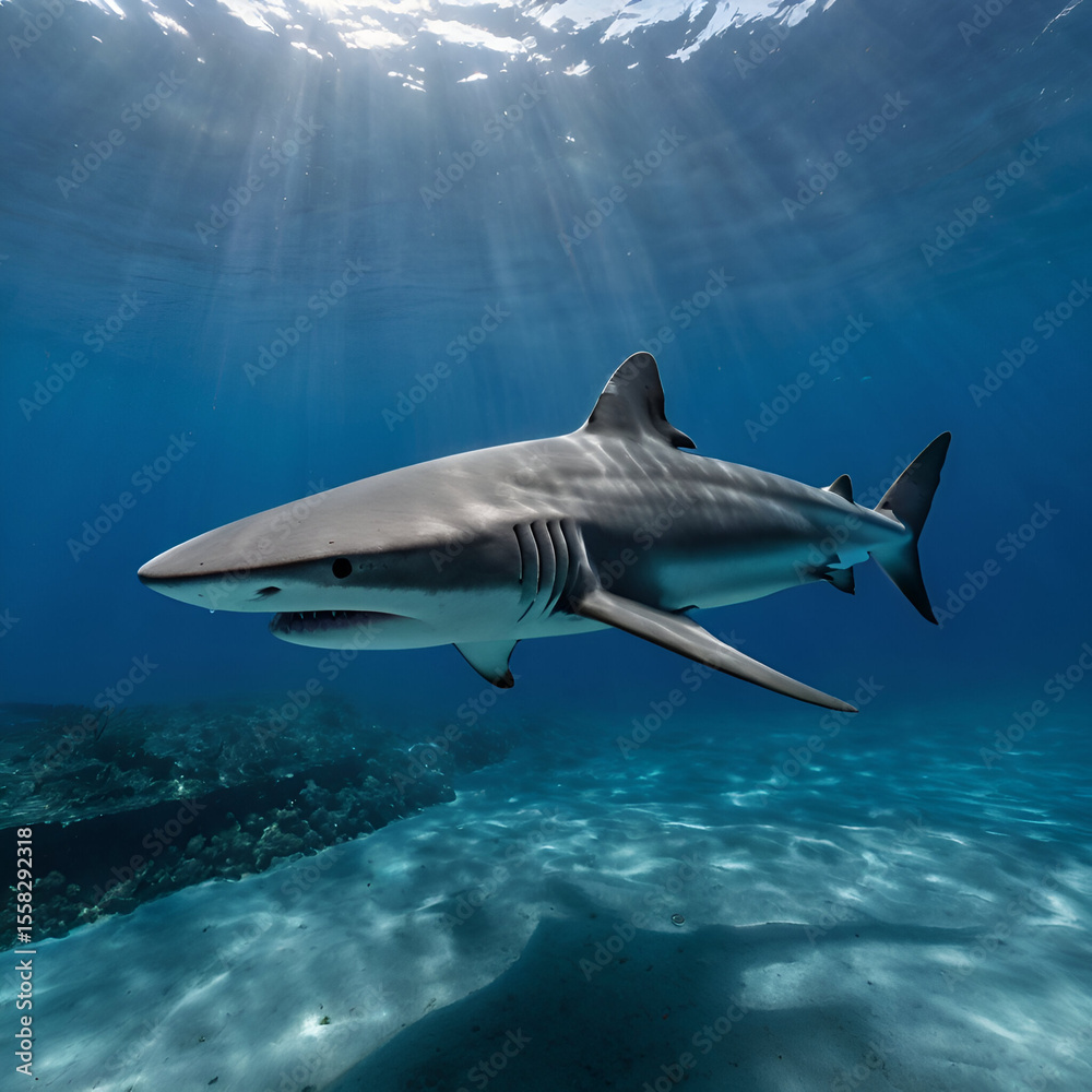 Fototapeta premium Blue Shark Gliding Gracefully Through Crystal-Clear Ocean Depths