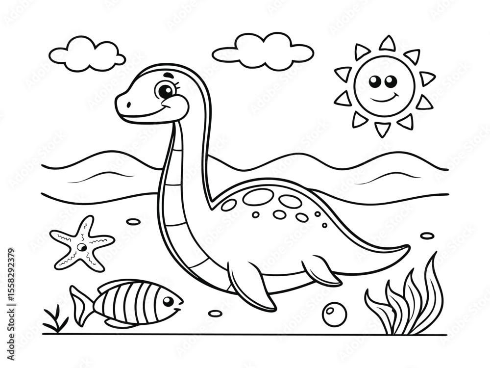 Fototapeta premium Sea animals coloring page, cartoon dinosaur and fish. Black and white line art of a smiling baby sea dinosaur swimming underwater surrounded by seaweed