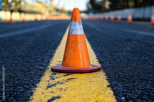 Outdoor Driving School Test Track Featuring Traffic Cone and Marking Lines Against a Bright Background