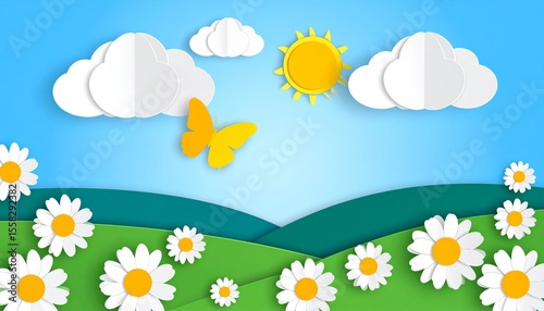 Bright spring meadow with colorful flowers under a sunny sky