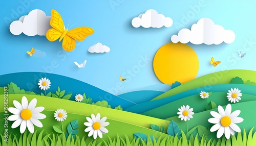 Bright spring meadow with colorful flowers under a sunny sky