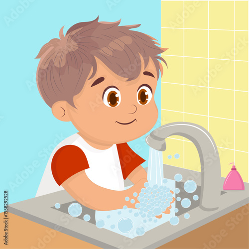 Vector illustration of a boy washing his hands with soap.
