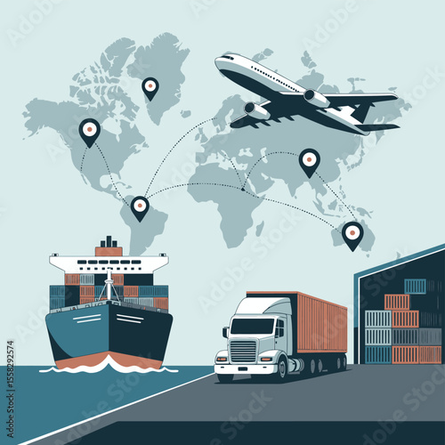 Global Shipping Routes with Cargo Ship Airplane and Truck