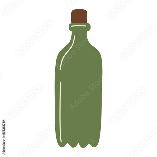 Glass green bottle oil with brown cork, organic product packaging, eco-friendly container, reusable drink jar, sustainable food storage, minimalist design, hand-drawn element, vector illustration
