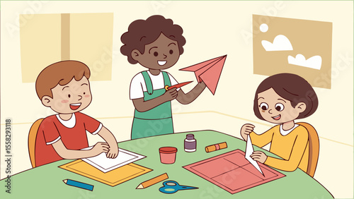 Three children crafting paper airplanes and folding paper at a table with art supplies in a bright room