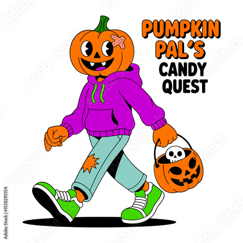 Vector art of pumpkin character on a candy quest isolated on white background