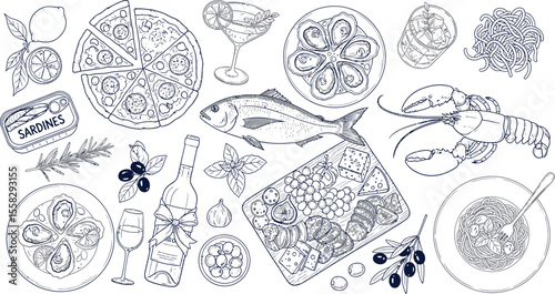 Assorted food items including seafood pizza and charcuterie drawing