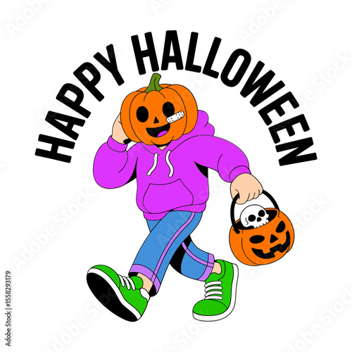 Vector art of pumpkin headed character walks with a trick or treat bucket isolated