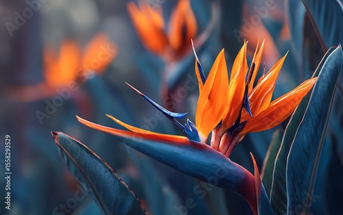 Striking bird of paradise bloom displays vivid orange and blue with blurred background