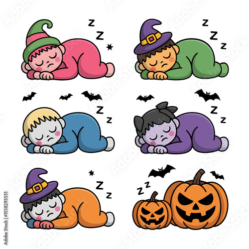 Vector art of sleeping halloween babies in costumes isolated on white background