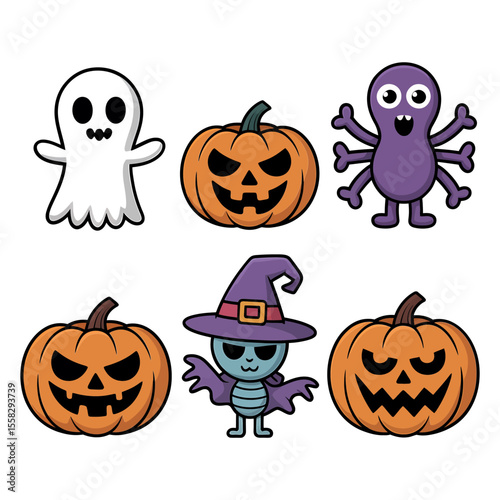 Vector art of halloween ghosts pumpkins and monsters isolated on white background