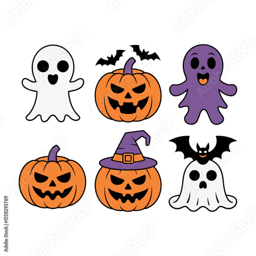 Vector art of halloween ghosts pumpkins and monsters with bats isolated on white