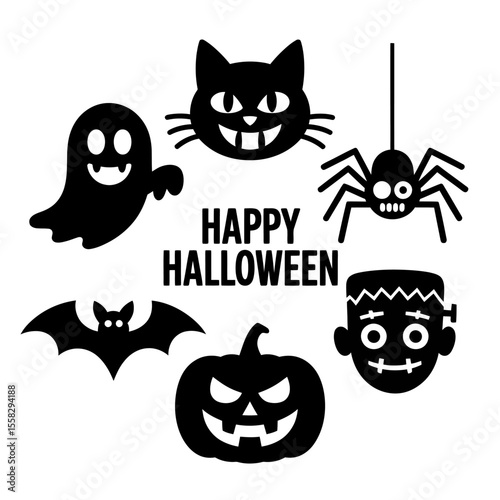 Vector art of happy halloween silhouettes of ghost cat spider pumpkin monster and bat