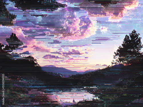 Glitch Art Style Landscape of Lake and Mountains at Sunset