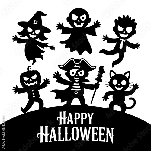 Vector art of halloween characters silhouettes with happy halloween text isolated on white