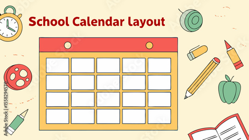 Illustration of a school calendar with clock, book, apple, pencil, crayon, and other school supplies around it