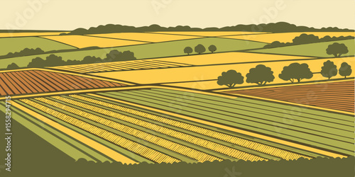 Aerial view of a countryside landscape with fields of crops in different colors, trees scattered around, and a forest in the background