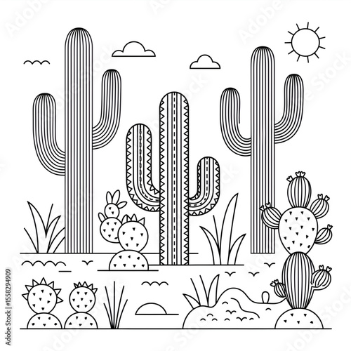 seamless pattern with cactus illustration vector coloring page