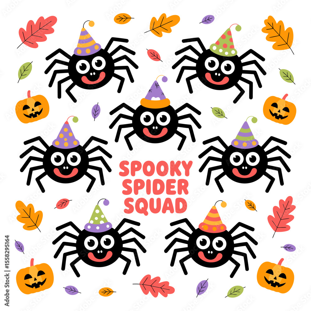 Fototapeta premium Vector art of spooky spider squad with pumpkins isolated on white background