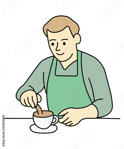 Illustration of a barista carefully pouring fresh coffee into a cup, focusing on drink presentation.
