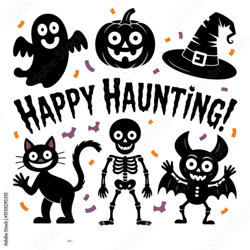 Vector art of halloween characters isolated on white background with happy haunting text