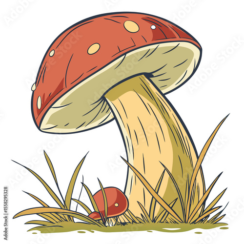 Cartoon Illustration of a Large Toadstool Mushroom with Spotted Cap