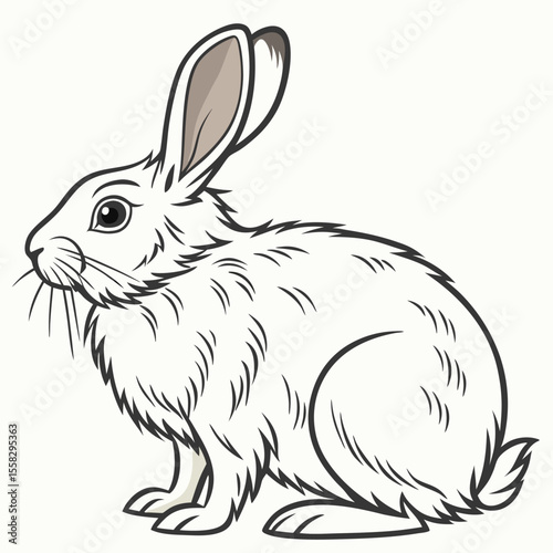 Cartoon Illustration of a White Rabbit Sitting with Tall Ears and Whiskers